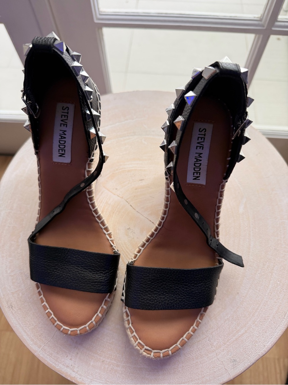 Steve Madden Black Leather Studded Wedge Espadrilles
